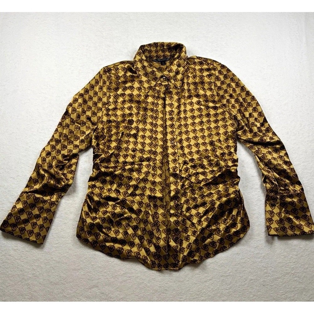 Banana Republic Women’s L 100% Silk Monogram Button Up Shirt Gold Brown